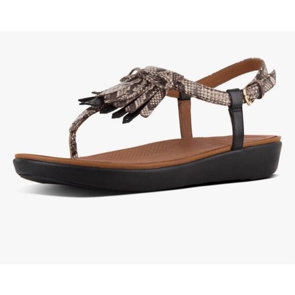 Fit Flop Womens Tia Fringe Leather Thong Sandal Size 11 Snake Slingback Comfort - Picture 1 of 9